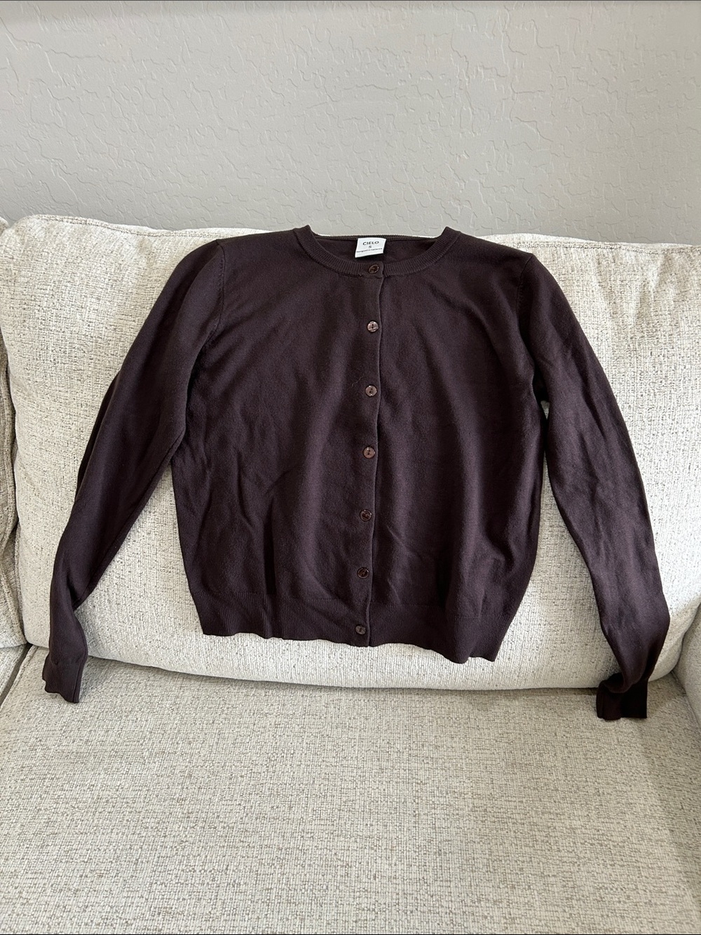 Cielo Dark Brown Button-Front Crewneck Cardigan